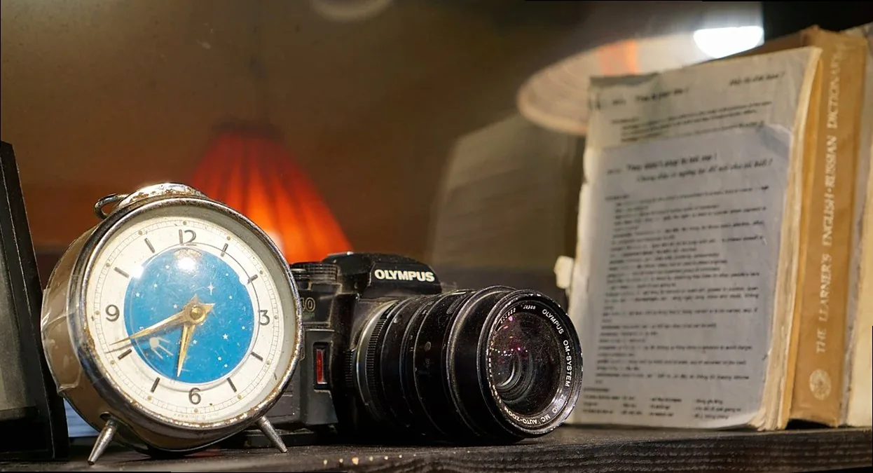 camera, lens, bookshelf, interior, decoration, clock, old, book